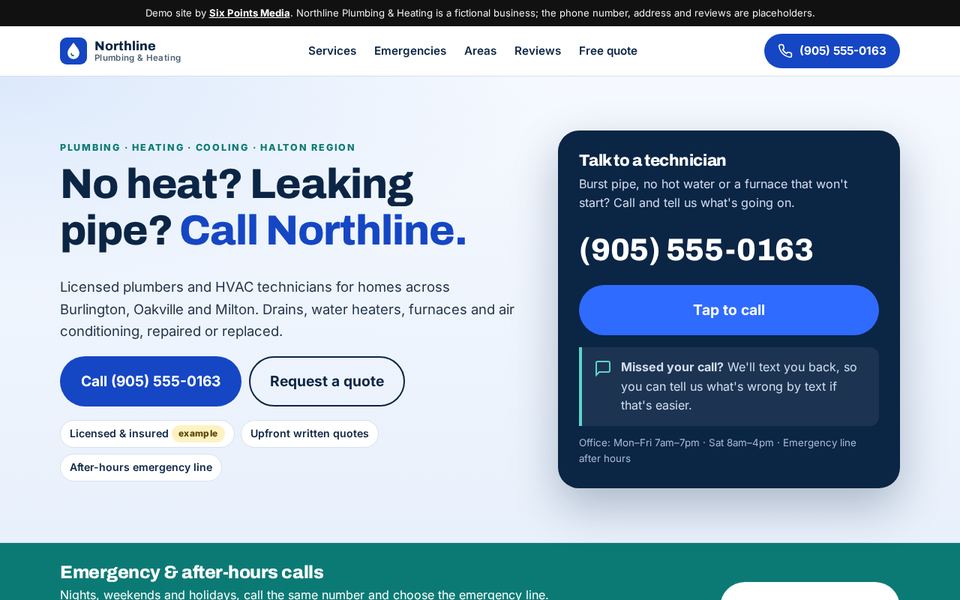 Screenshot of a sample plumbing and heating website with a large call button and an emergency line